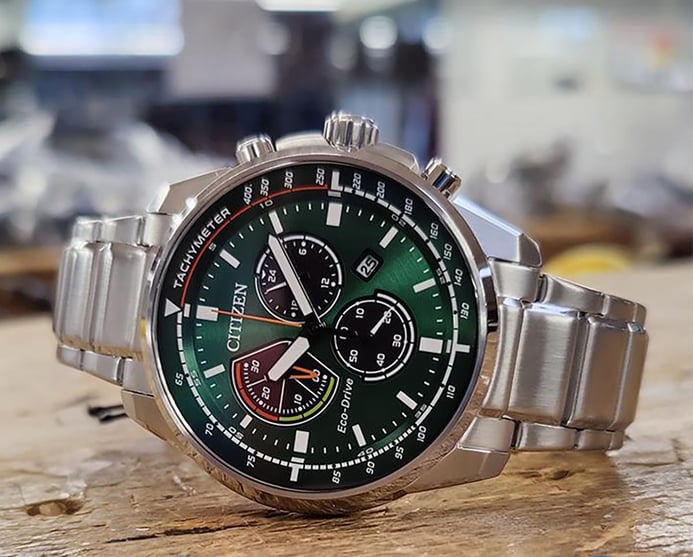 Citizen Eco-Drive Men Green Dial AT1190-87X Chronograph Steel Stainless Strap