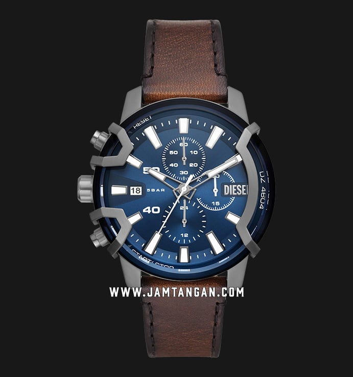 Diesel Griffed Dial Leather Chronograph Blue DZ4604 Brown Strap