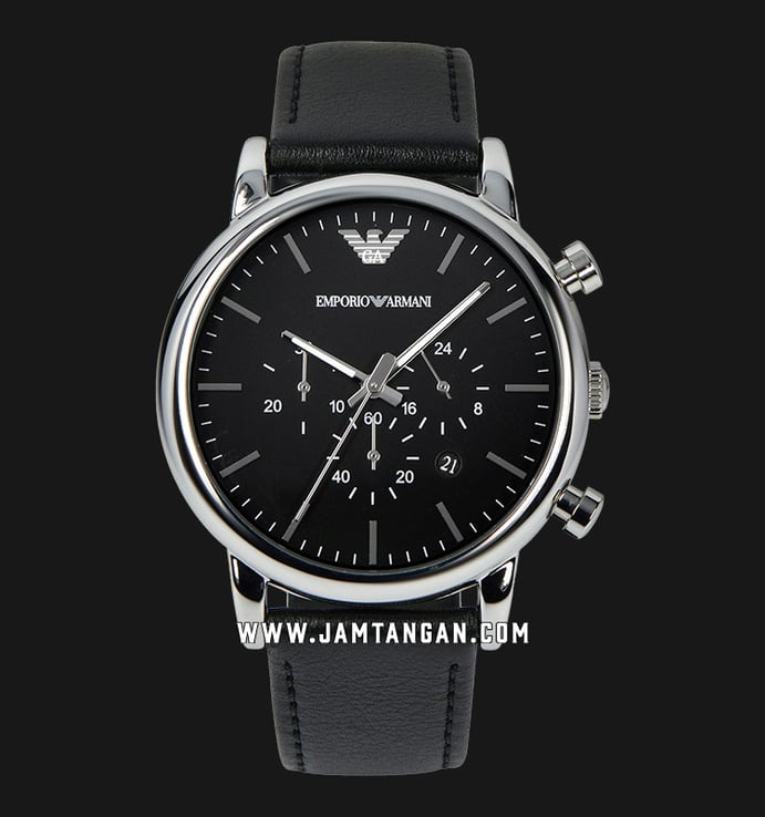 AR1828 Armani Men Black Leather Black Chronograph Strap Emporio Dial