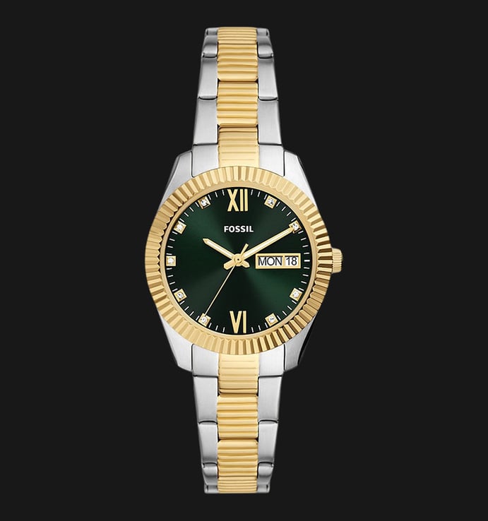 Fossil Scarlette ES5240 Ladies Green Dial Two-Tone Stainless Steel