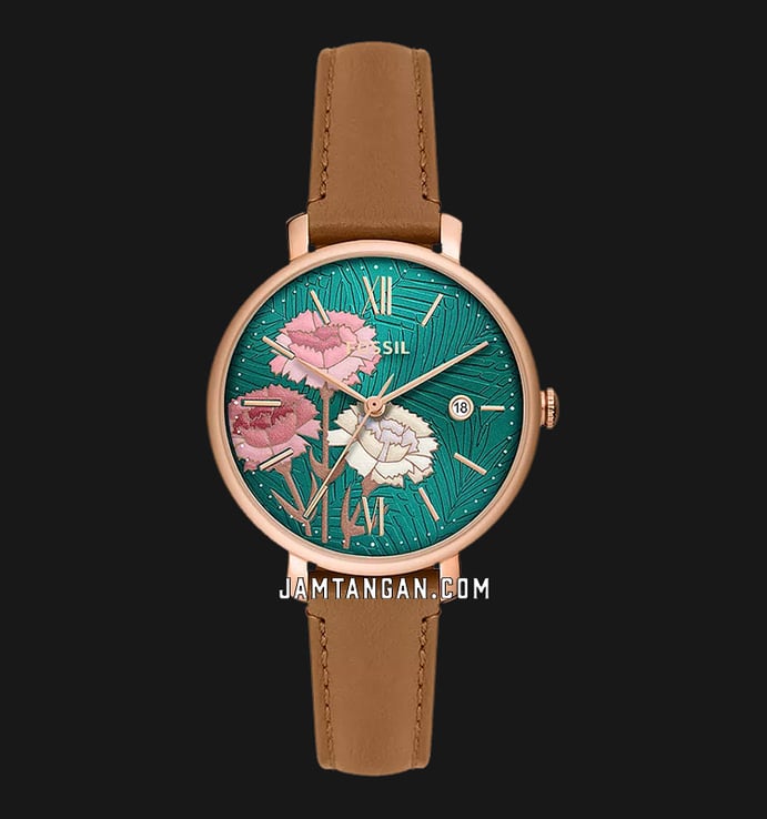 Fossil Jacqueline ES5274 Floral Pattern Green Dial Brown Leather