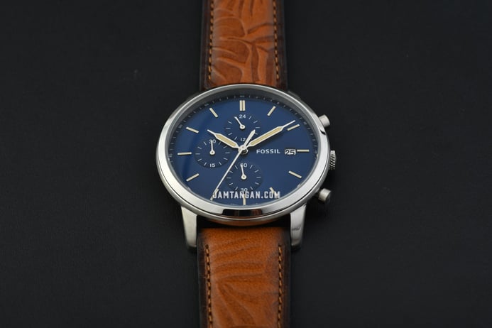 Leather Chronograph Blue Fossil Minimalist Dial FS5928 Brown Strap