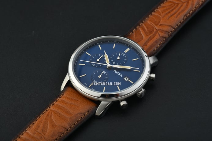 Fossil Minimalist FS5928 Blue Dial Chronograph Brown Strap Leather