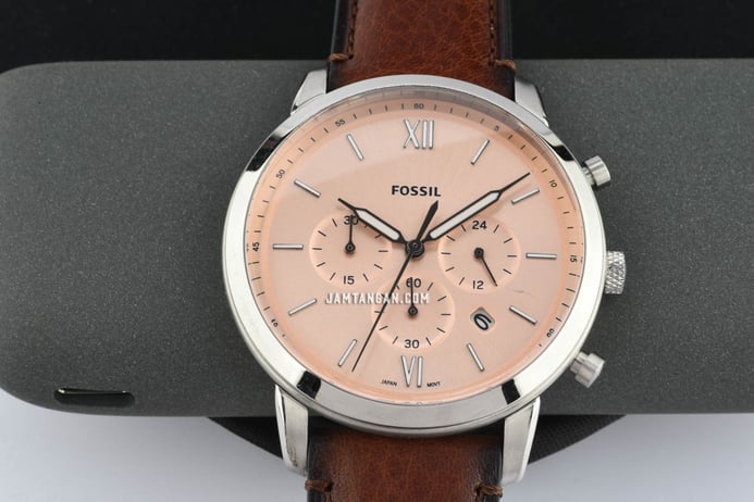 Fossil Neutra FS5982 Chronograph Rose Leather Gold Strap Eco Brown Dial