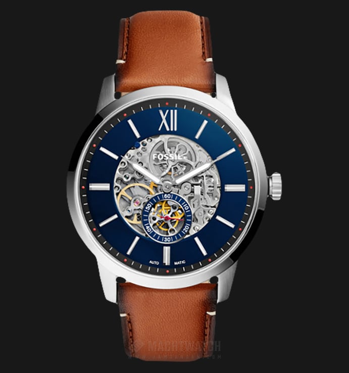 Fossil Strap Blue Townsman Brown Automatic Leather Dial ME3154 Skeleton Light