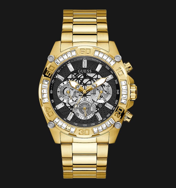 Guess Trophy GW0390G2 Open Heart Gold Strap Black Stainless Steel Dial