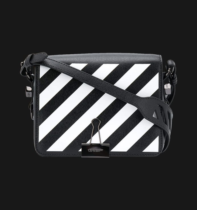Off-White Black Diagonal Print Leather Binder Clip Crossbody Bag